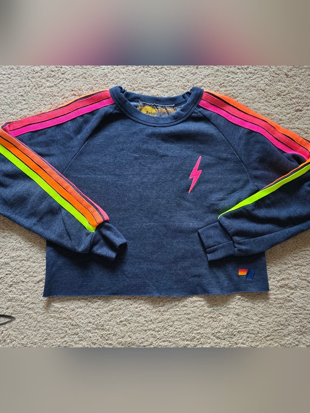 Aviator Nation Bolt Embroidery Classic Cropped Sweatshirt in Heather Navy Small